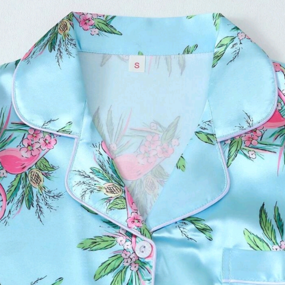 Flamingo Print Satin Pajama Set - Picture 2 of 8